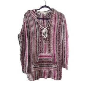 Kaisely boho pink chunky Baja mexican striped beach Baja rug hoodie Large